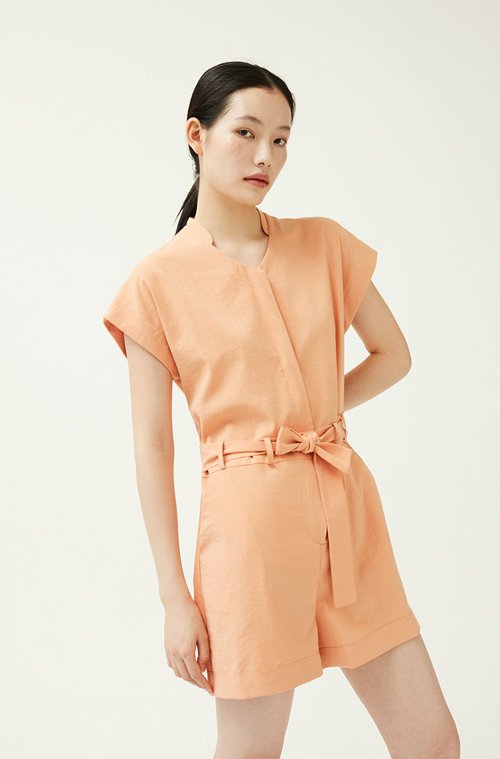 GIA OPEN FRONT PLAYSUIT WITH SELF-FABRIC SASH in Apricot