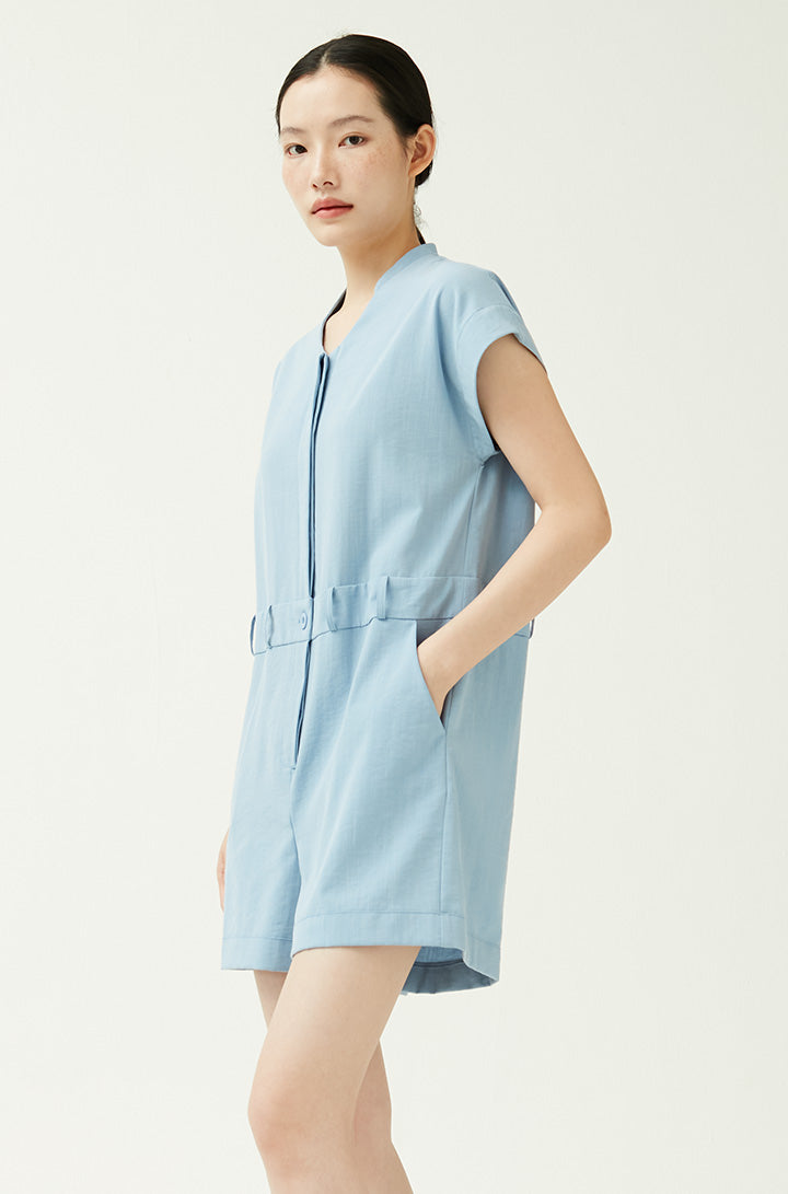 GIA OPEN FRONT PLAYSUIT WITH SELF-FABRIC SASH in Cornflower