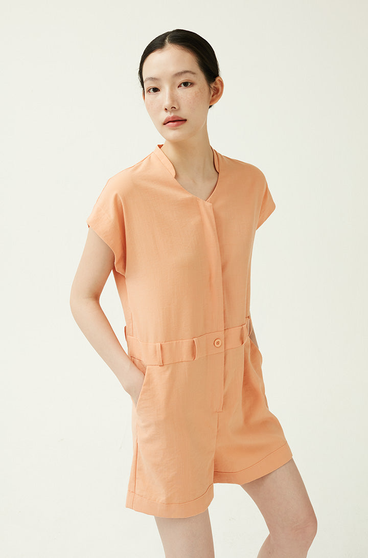 GIA OPEN FRONT PLAYSUIT WITH SELF-FABRIC SASH in Apricot