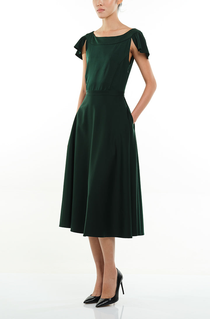"Broadway Musical" BOAT NECK SWING DRESS WITH DRAPED SLEEVES