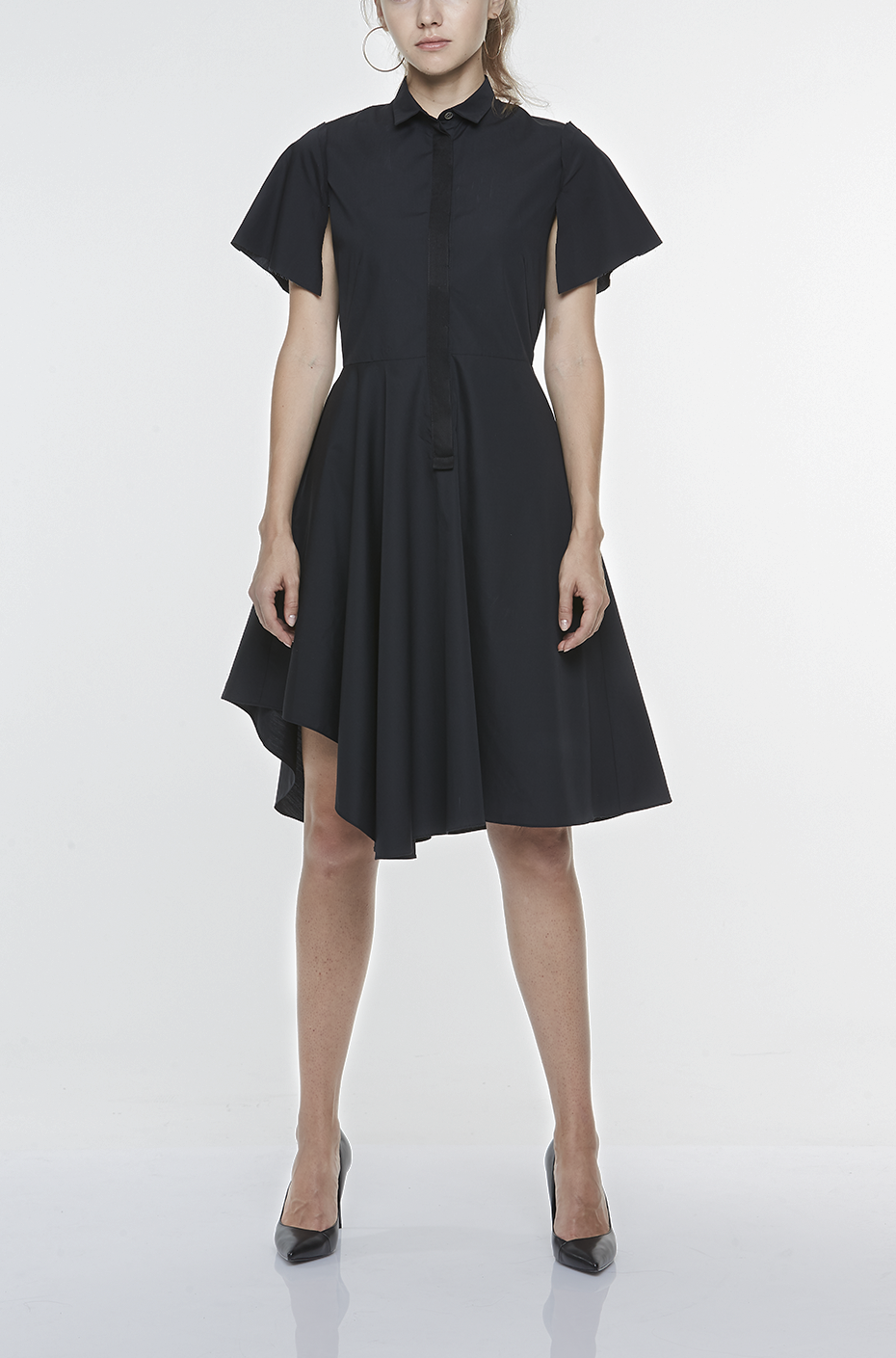 FITTED SHIRT DRESS WITH CUT-AWAY SLEEVES AND ASYMMETRIC SKIRT